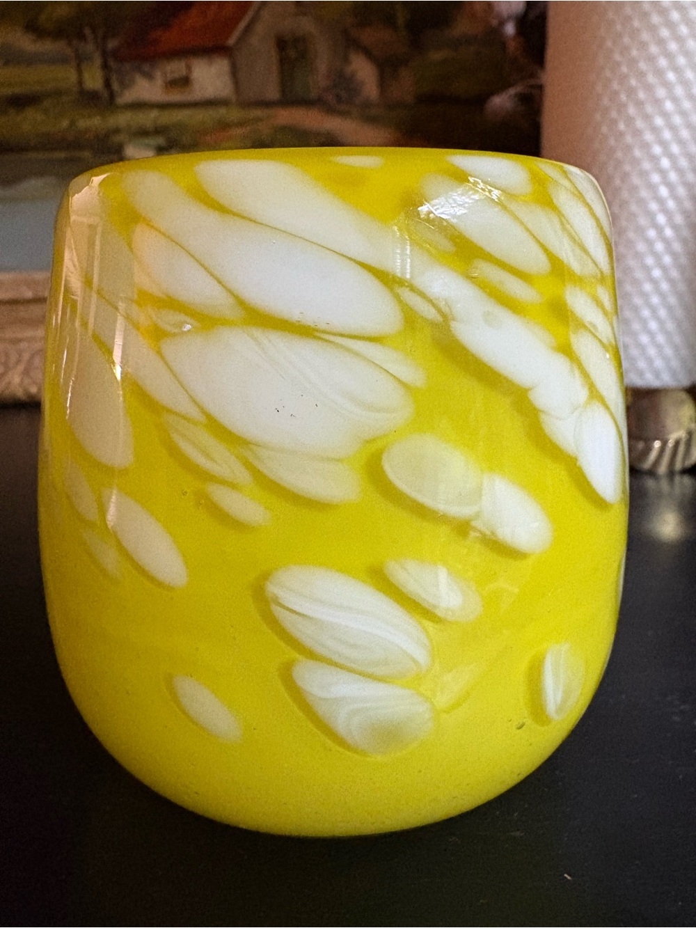 Set of 4 Yellow & White Confetti/Splatter Hand Blown Art Glass Tumblers 12oz Mex - Picture 2 of 7